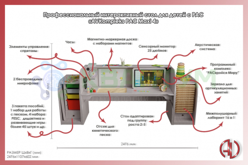 Профессиональный интерактивный стол для детей с РАС «AVKompleks РАС Maxi 4»